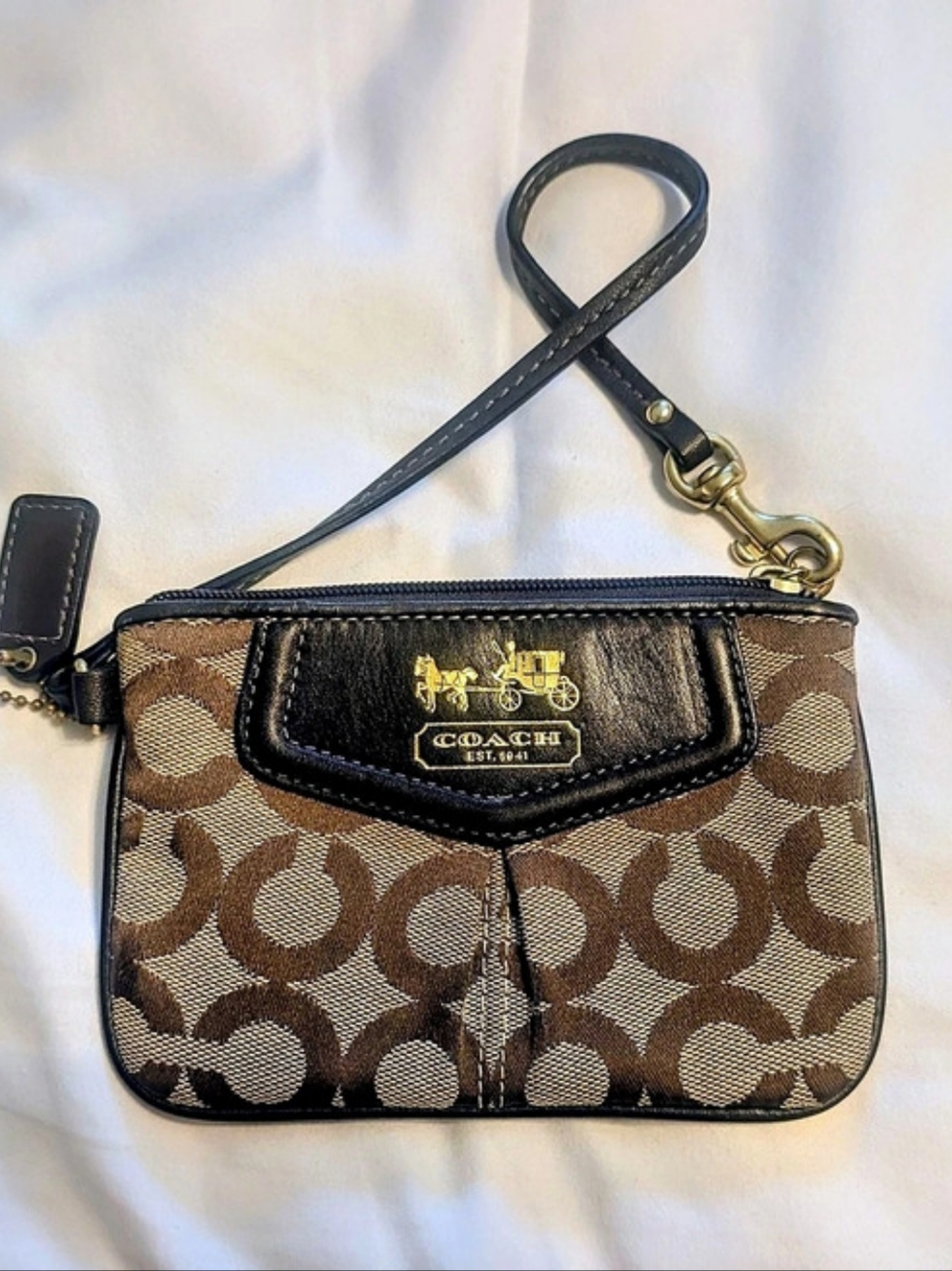 Coach Signature Canvas Horse and Carriage Small Wristlet Brown
